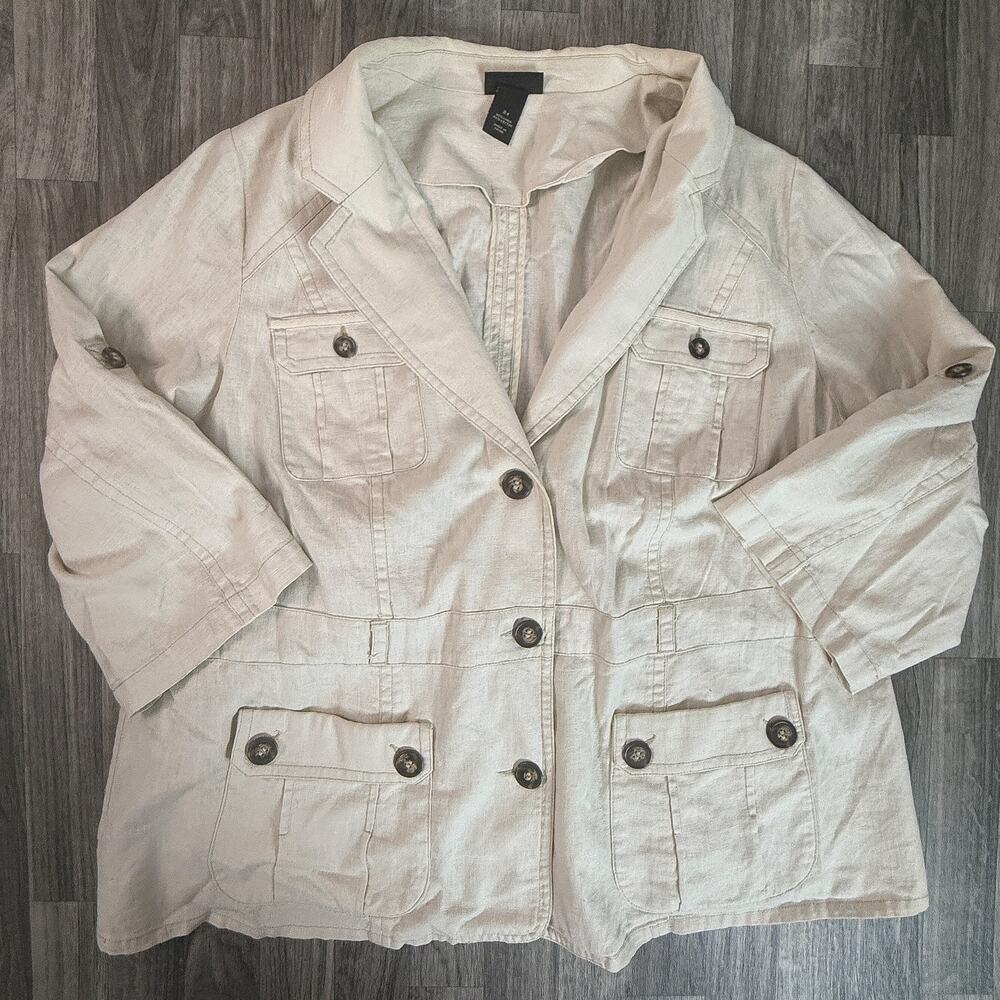 Lane Bryant 55% Linen 45% Cotton Hooded Utility Jacket Cream Off-White